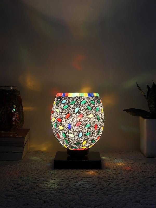 Multicolor Table Lamp | Artistic Mosaic Glass with Sturdy Wood Base | Decorative Ambient Light for Home D�cor | Perfect Blend of Modern & Traditional Style - Model DNM06