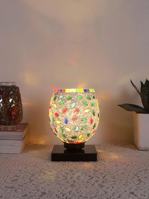 Multicolor Table Lamp | Artistic Mosaic Glass with Sturdy Wood Base | Decorative Ambient Light for Home D�cor | Perfect Blend of Modern & Traditional Style - Model DNM06