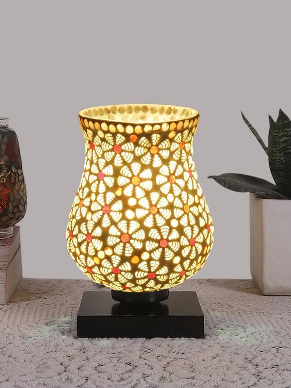 Multicolor Table Lamp | Artistic Mosaic Glass with Sturdy Wood Base | Decorative Ambient Light for Home D�cor | Perfect Blend of Modern & Traditional Style - Model DNM07