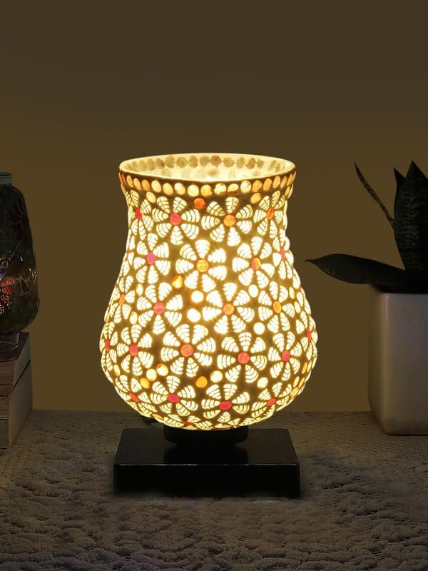Multicolor Table Lamp | Artistic Mosaic Glass with Sturdy Wood Base | Decorative Ambient Light for Home D�cor | Perfect Blend of Modern & Traditional Style - Model DNM07