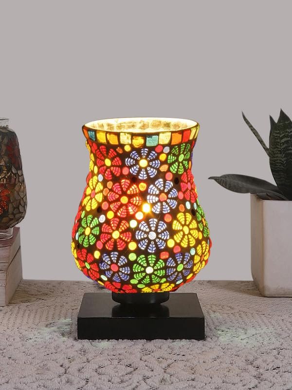 Multicolor Table Lamp | Artistic Mosaic Glass with Sturdy Wood Base | Decorative Ambient Light for Home D�cor | Perfect Blend of Modern & Traditional Style - Model DNM08