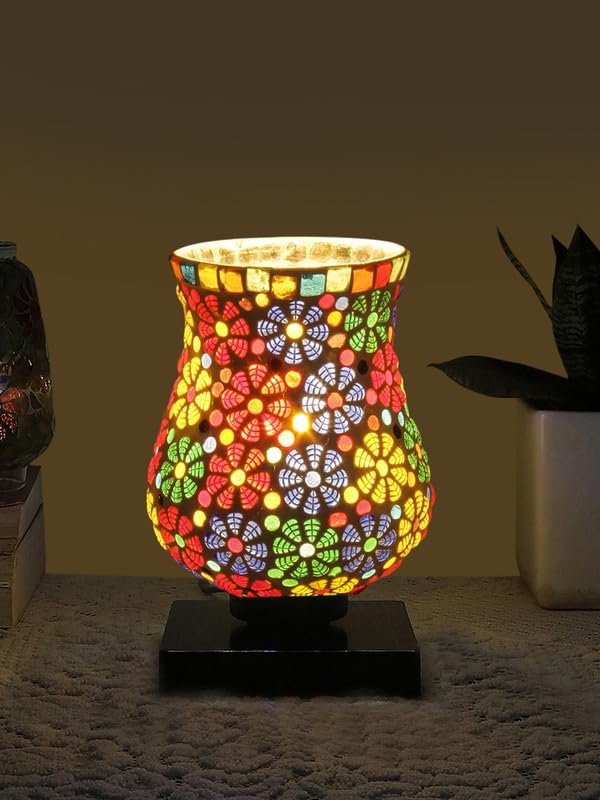 Multicolor Table Lamp | Artistic Mosaic Glass with Sturdy Wood Base | Decorative Ambient Light for Home D�cor | Perfect Blend of Modern & Traditional Style - Model DNM08