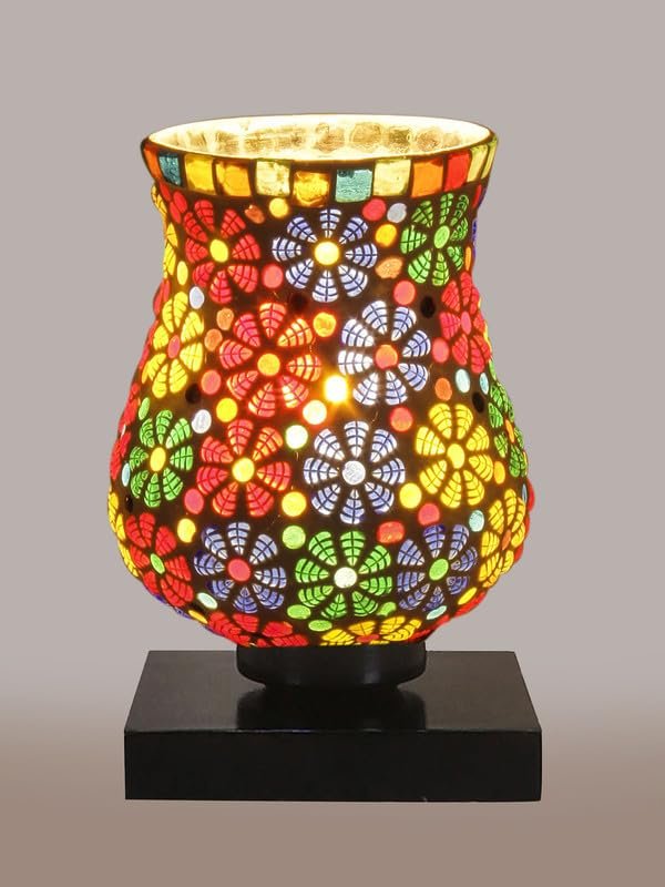 Multicolor Table Lamp | Artistic Mosaic Glass with Sturdy Wood Base | Decorative Ambient Light for Home D�cor | Perfect Blend of Modern & Traditional Style - Model DNM08