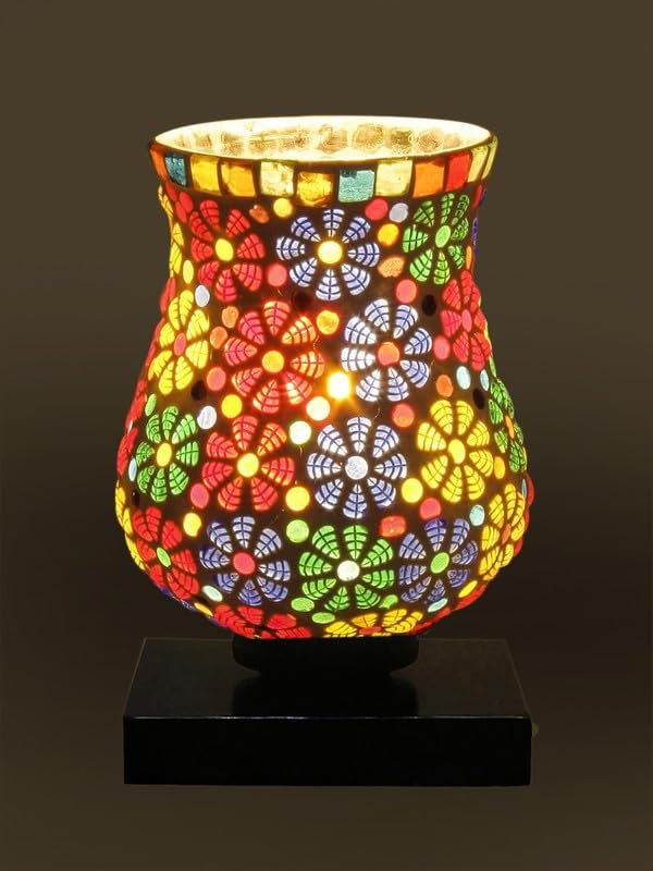 Multicolor Table Lamp | Artistic Mosaic Glass with Sturdy Wood Base | Decorative Ambient Light for Home D�cor | Perfect Blend of Modern & Traditional Style - Model DNM08