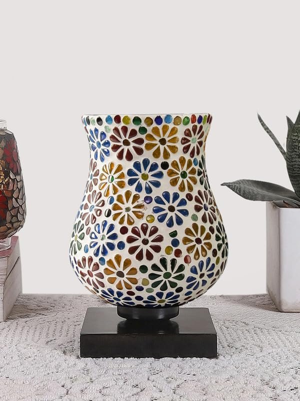 Multicolor Table Lamp | Artistic Mosaic Glass with Sturdy Wood Base | Decorative Ambient Light for Home D�cor | Perfect Blend of Modern & Traditional Style - Model DNM10