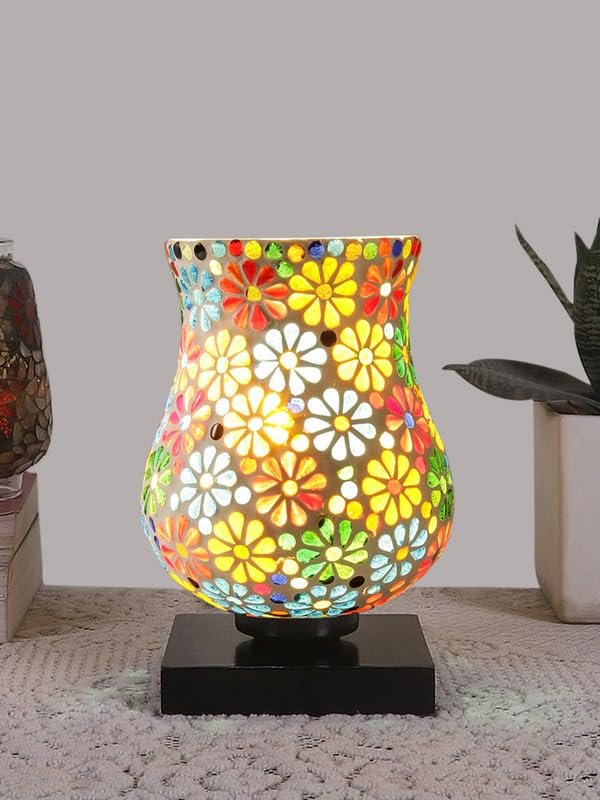 Multicolor Table Lamp | Artistic Mosaic Glass with Sturdy Wood Base | Decorative Ambient Light for Home D�cor | Perfect Blend of Modern & Traditional Style - Model DNM10