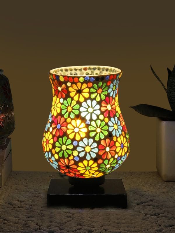 Multicolor Table Lamp | Artistic Mosaic Glass with Sturdy Wood Base | Decorative Ambient Light for Home D�cor | Perfect Blend of Modern & Traditional Style - Model DNM10