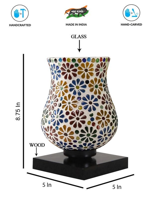 Multicolor Table Lamp | Artistic Mosaic Glass with Sturdy Wood Base | Decorative Ambient Light for Home D�cor | Perfect Blend of Modern & Traditional Style - Model DNM10