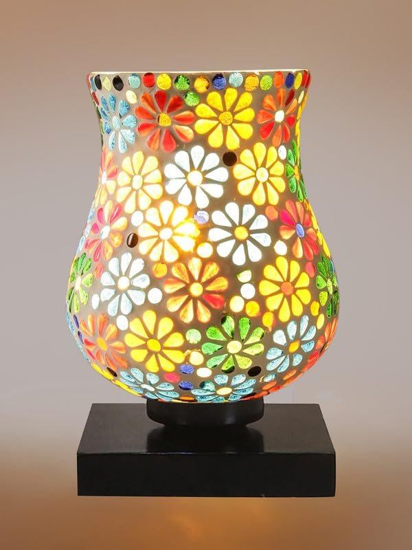 Multicolor Table Lamp | Artistic Mosaic Glass with Sturdy Wood Base | Decorative Ambient Light for Home D�cor | Perfect Blend of Modern & Traditional Style - Model DNM10