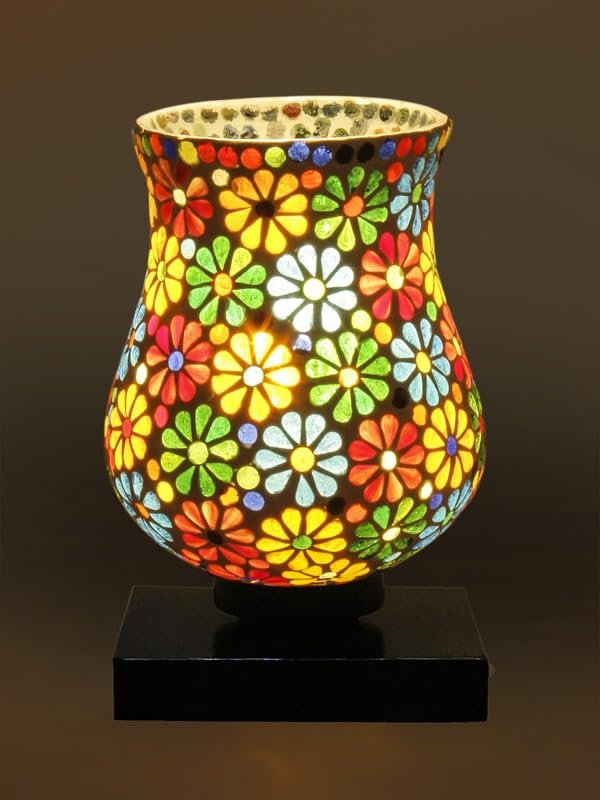 Multicolor Table Lamp | Artistic Mosaic Glass with Sturdy Wood Base | Decorative Ambient Light for Home D�cor | Perfect Blend of Modern & Traditional Style - Model DNM10