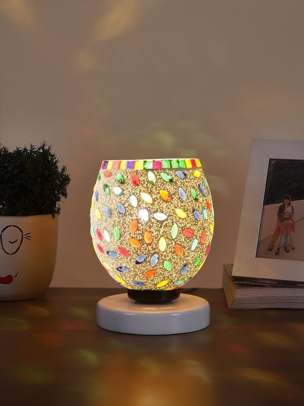 Multicolor Table Lamp | Artistic Mosaic Glass with Sturdy Wood Base | Decorative Ambient Light for Home D�cor | Perfect Blend of Modern & Traditional Style - Model DNM115