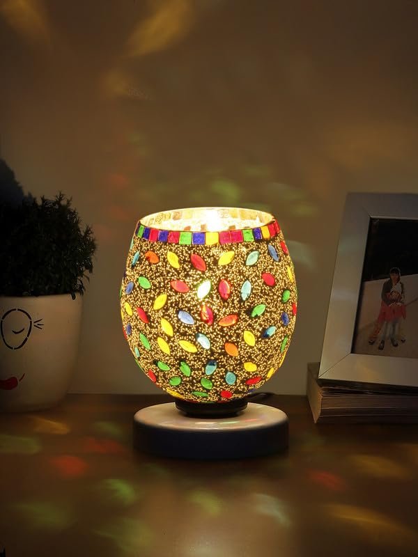 Multicolor Table Lamp | Artistic Mosaic Glass with Sturdy Wood Base | Decorative Ambient Light for Home D�cor | Perfect Blend of Modern & Traditional Style - Model DNM115