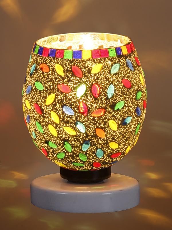 Multicolor Table Lamp | Artistic Mosaic Glass with Sturdy Wood Base | Decorative Ambient Light for Home D�cor | Perfect Blend of Modern & Traditional Style - Model DNM115