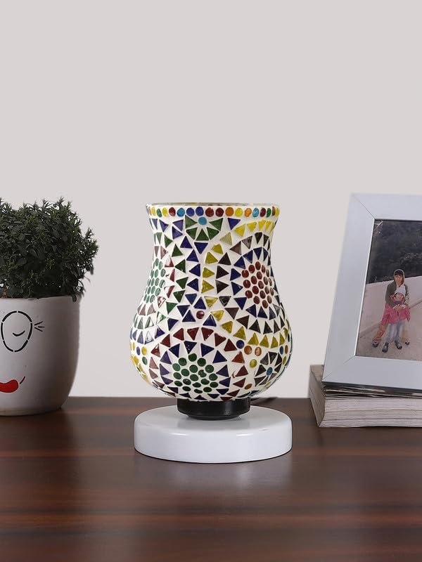 Multicolor Table Lamp | Artistic Mosaic Glass with Sturdy Wood Base | Decorative Ambient Light for Home D�cor | Perfect Blend of Modern & Traditional Style - Model DNM121