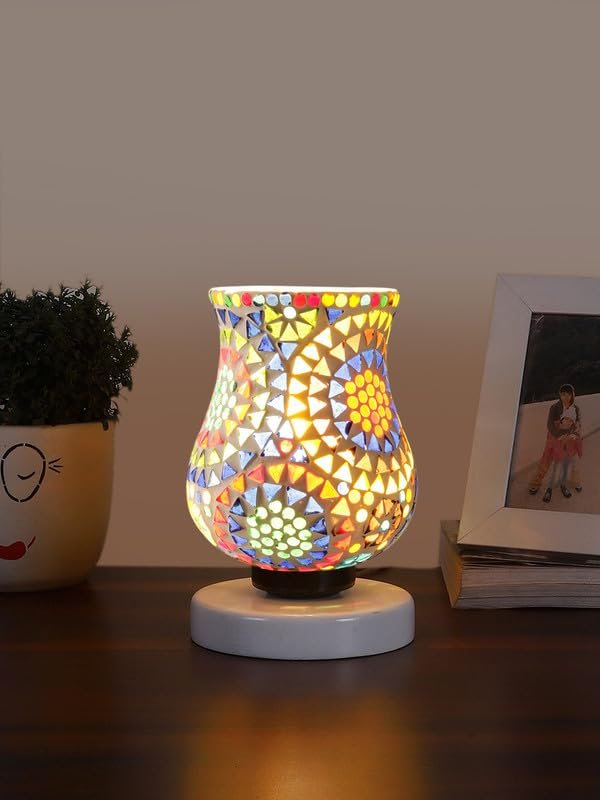 Multicolor Table Lamp | Artistic Mosaic Glass with Sturdy Wood Base | Decorative Ambient Light for Home D�cor | Perfect Blend of Modern & Traditional Style - Model DNM121