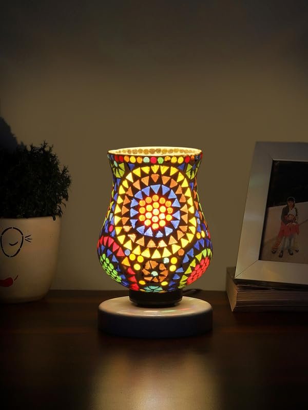 Multicolor Table Lamp | Artistic Mosaic Glass with Sturdy Wood Base | Decorative Ambient Light for Home D�cor | Perfect Blend of Modern & Traditional Style - Model DNM121