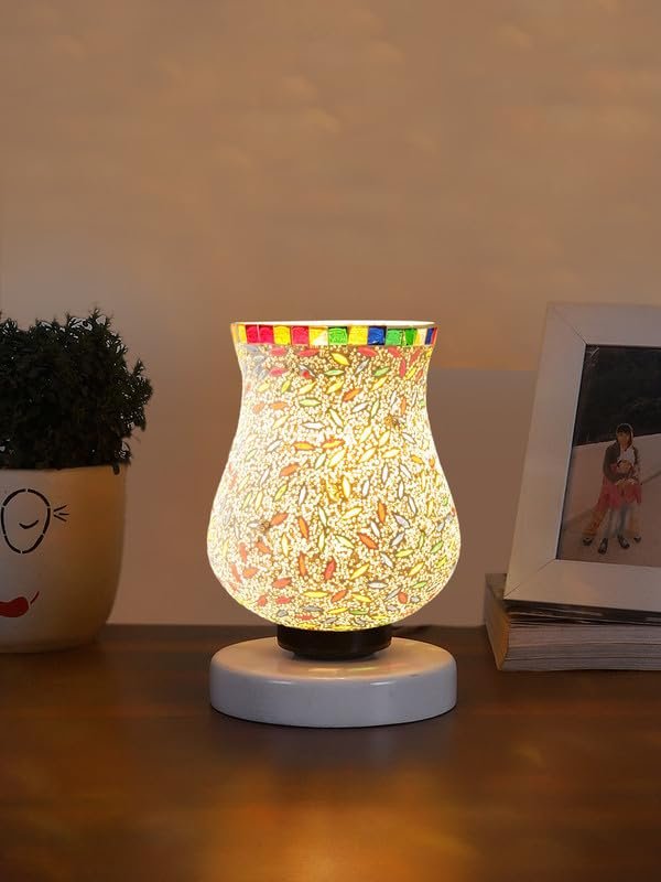 Multicolor Table Lamp | Artistic Mosaic Glass with Sturdy Wood Base | Decorative Ambient Light for Home D�cor | Perfect Blend of Modern & Traditional Style - Model DNM122