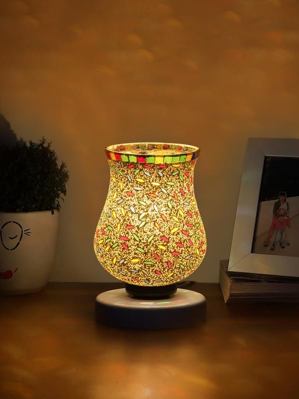 Multicolor Table Lamp | Artistic Mosaic Glass with Sturdy Wood Base | Decorative Ambient Light for Home D�cor | Perfect Blend of Modern & Traditional Style - Model DNM122