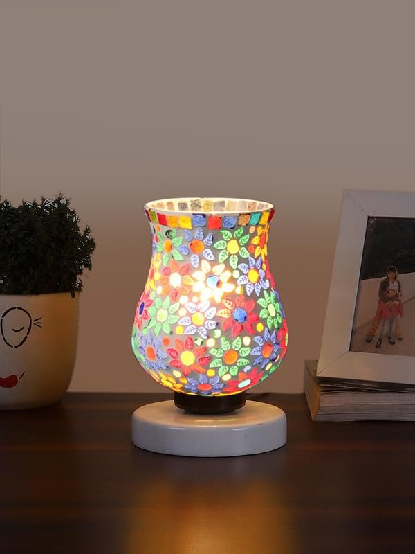 Multicolor Table Lamp | Artistic Mosaic Glass with Sturdy Wood Base | Decorative Ambient Light for Home D�cor | Perfect Blend of Modern & Traditional Style - Model DNM123