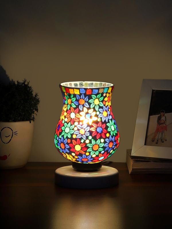 Multicolor Table Lamp | Artistic Mosaic Glass with Sturdy Wood Base | Decorative Ambient Light for Home D�cor | Perfect Blend of Modern & Traditional Style - Model DNM123