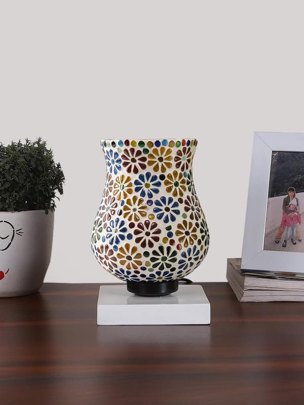 Multicolor Table Lamp | Artistic Mosaic Glass with Sturdy Wood Base | Decorative Ambient Light for Home D�cor | Perfect Blend of Modern & Traditional Style - Model DNM136