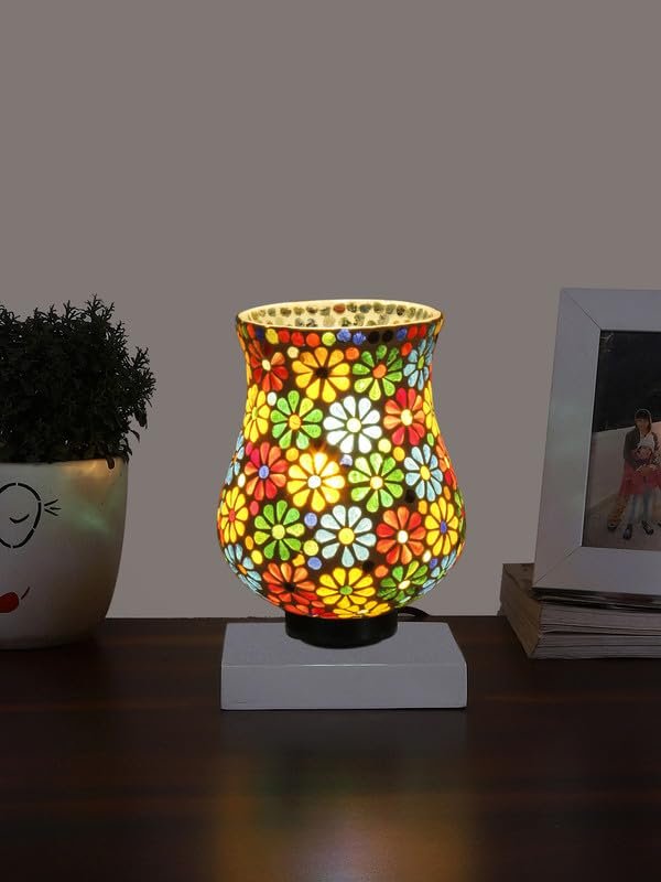 Multicolor Table Lamp | Artistic Mosaic Glass with Sturdy Wood Base | Decorative Ambient Light for Home D�cor | Perfect Blend of Modern & Traditional Style - Model DNM136