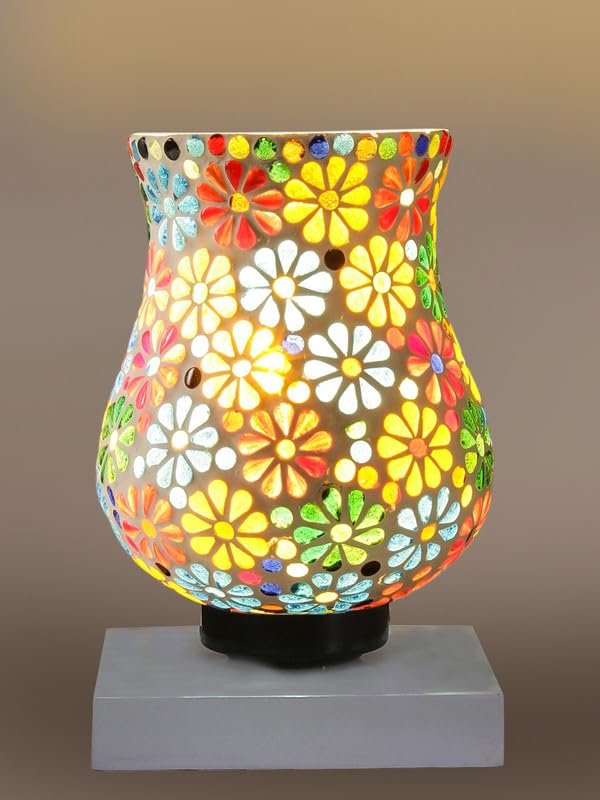 Multicolor Table Lamp | Artistic Mosaic Glass with Sturdy Wood Base | Decorative Ambient Light for Home D�cor | Perfect Blend of Modern & Traditional Style - Model DNM136
