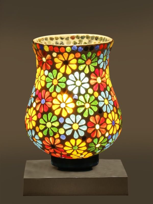 Multicolor Table Lamp | Artistic Mosaic Glass with Sturdy Wood Base | Decorative Ambient Light for Home D�cor | Perfect Blend of Modern & Traditional Style - Model DNM136
