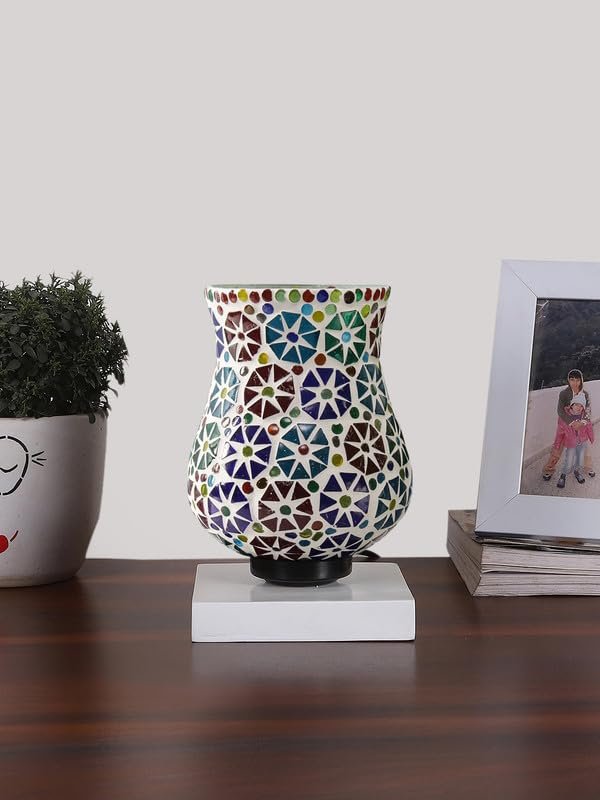Multicolor Table Lamp | Artistic Mosaic Glass with Sturdy Wood Base | Decorative Ambient Light for Home D�cor | Perfect Blend of Modern & Traditional Style - Model DNM142