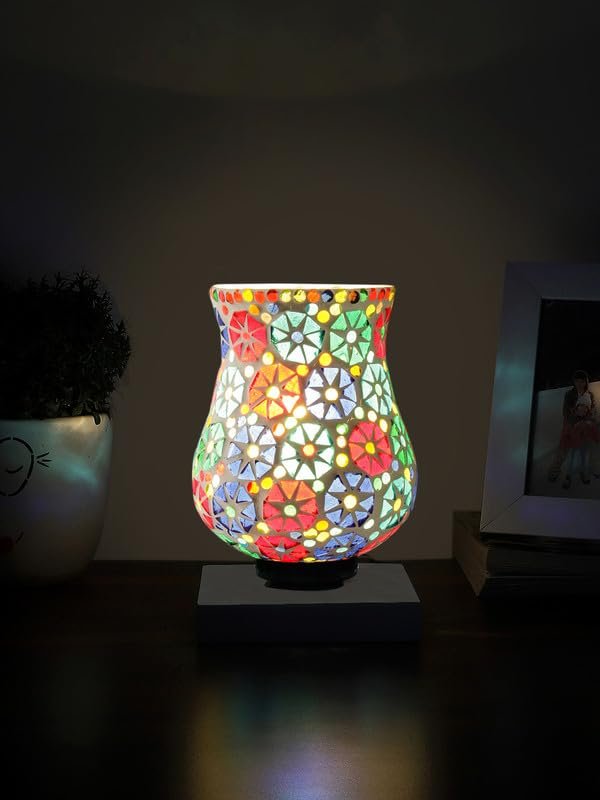 Multicolor Table Lamp | Artistic Mosaic Glass with Sturdy Wood Base | Decorative Ambient Light for Home D�cor | Perfect Blend of Modern & Traditional Style - Model DNM142