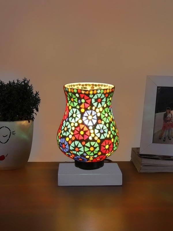 Multicolor Table Lamp | Artistic Mosaic Glass with Sturdy Wood Base | Decorative Ambient Light for Home D�cor | Perfect Blend of Modern & Traditional Style - Model DNM142