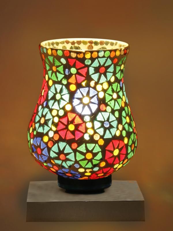 Multicolor Table Lamp | Artistic Mosaic Glass with Sturdy Wood Base | Decorative Ambient Light for Home D�cor | Perfect Blend of Modern & Traditional Style - Model DNM142