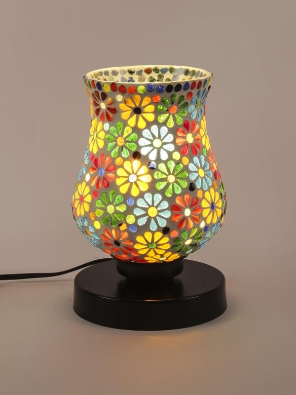 Multicolor Table Lamp | Artistic Mosaic Glass with Sturdy Wood Base | Decorative Ambient Light for Home D�cor | Perfect Blend of Modern & Traditional Style - Model DNM151