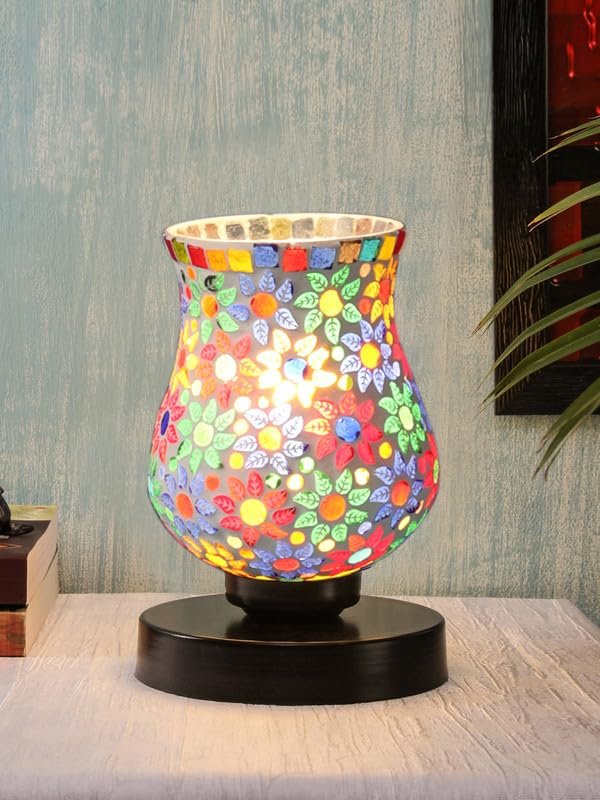 Multicolor Table Lamp | Artistic Mosaic Glass with Sturdy Wood Base | Decorative Ambient Light for Home D�cor | Perfect Blend of Modern & Traditional Style - Model DNM162