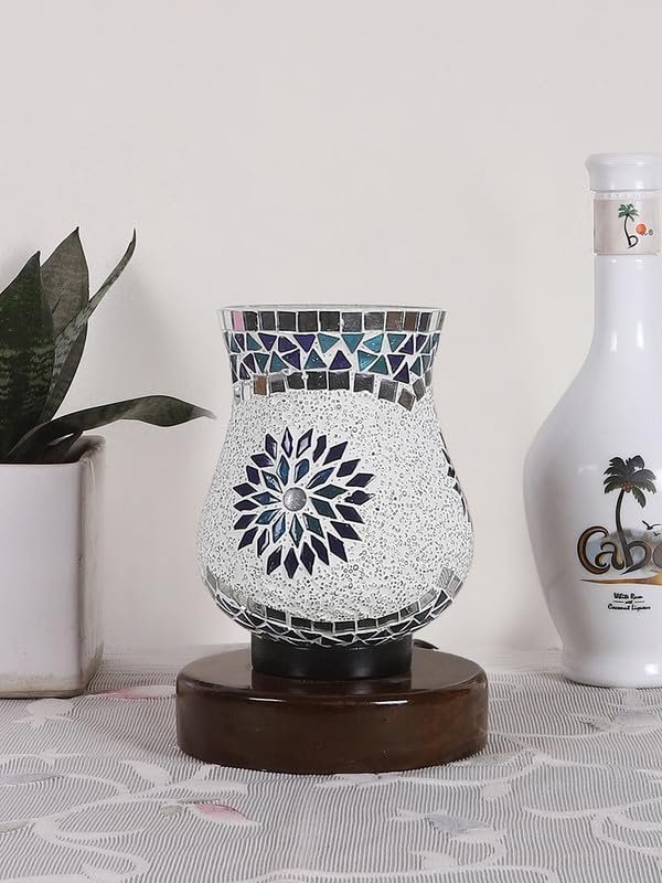 Multicolor Table Lamp | Artistic Mosaic Glass with Sturdy Wood Base | Decorative Ambient Light for Home D�cor | Perfect Blend of Modern & Traditional Style - Model DNM165