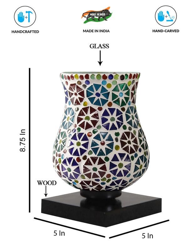 Multicolor Table Lamp | Artistic Mosaic Glass with Sturdy Wood Base | Decorative Ambient Light for Home D�cor | Perfect Blend of Modern & Traditional Style - Model DNM16