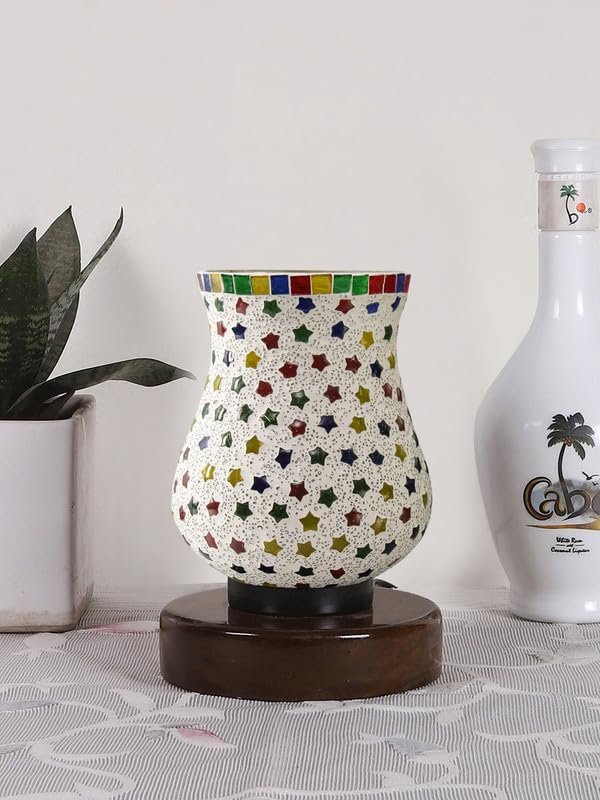 Multicolor Table Lamp | Artistic Mosaic Glass with Sturdy Wood Base | Decorative Ambient Light for Home D�cor | Perfect Blend of Modern & Traditional Style - Model DNM179