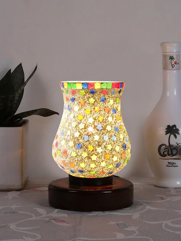 Multicolor Table Lamp | Artistic Mosaic Glass with Sturdy Wood Base | Decorative Ambient Light for Home D�cor | Perfect Blend of Modern & Traditional Style - Model DNM179