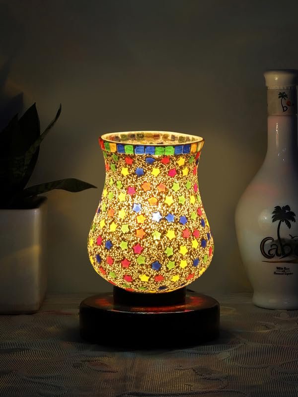 Multicolor Table Lamp | Artistic Mosaic Glass with Sturdy Wood Base | Decorative Ambient Light for Home D�cor | Perfect Blend of Modern & Traditional Style - Model DNM179