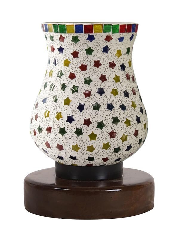 Multicolor Table Lamp | Artistic Mosaic Glass with Sturdy Wood Base | Decorative Ambient Light for Home D�cor | Perfect Blend of Modern & Traditional Style - Model DNM179