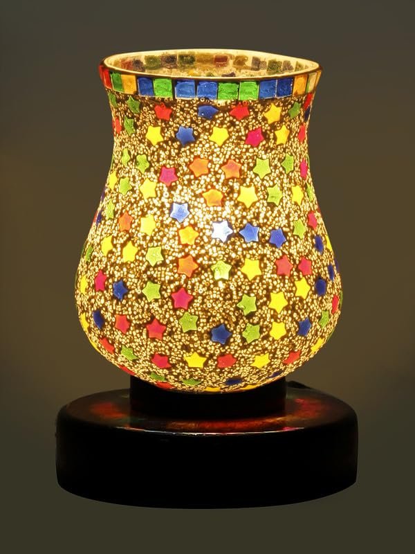 Multicolor Table Lamp | Artistic Mosaic Glass with Sturdy Wood Base | Decorative Ambient Light for Home D�cor | Perfect Blend of Modern & Traditional Style - Model DNM179