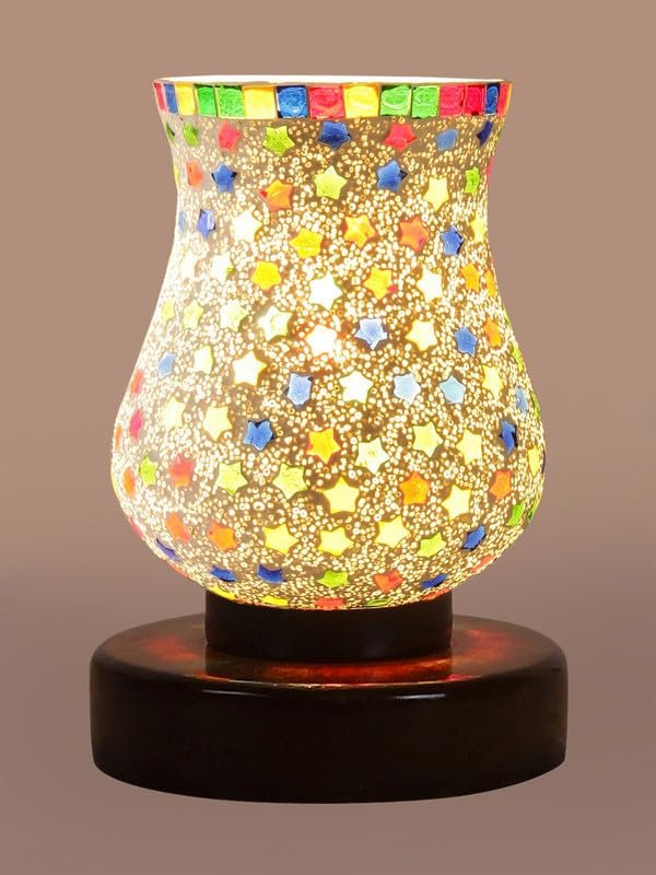 Multicolor Table Lamp | Artistic Mosaic Glass with Sturdy Wood Base | Decorative Ambient Light for Home D�cor | Perfect Blend of Modern & Traditional Style - Model DNM179