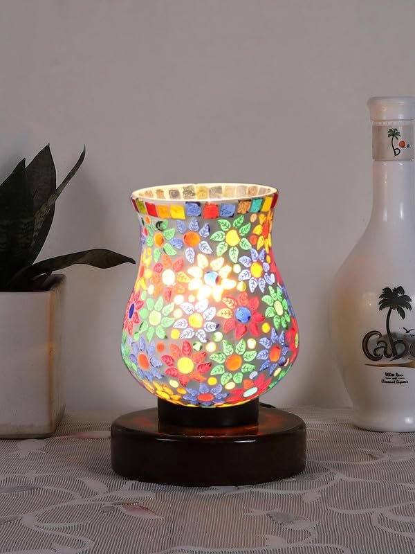 Multicolor Table Lamp | Artistic Mosaic Glass with Sturdy Wood Base | Decorative Ambient Light for Home D�cor | Perfect Blend of Modern & Traditional Style - Model DNM180