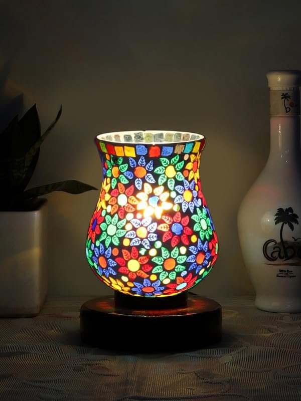 Multicolor Table Lamp | Artistic Mosaic Glass with Sturdy Wood Base | Decorative Ambient Light for Home D�cor | Perfect Blend of Modern & Traditional Style - Model DNM180