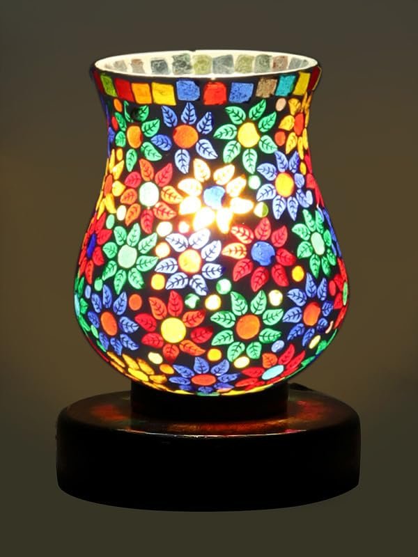 Multicolor Table Lamp | Artistic Mosaic Glass with Sturdy Wood Base | Decorative Ambient Light for Home D�cor | Perfect Blend of Modern & Traditional Style - Model DNM180