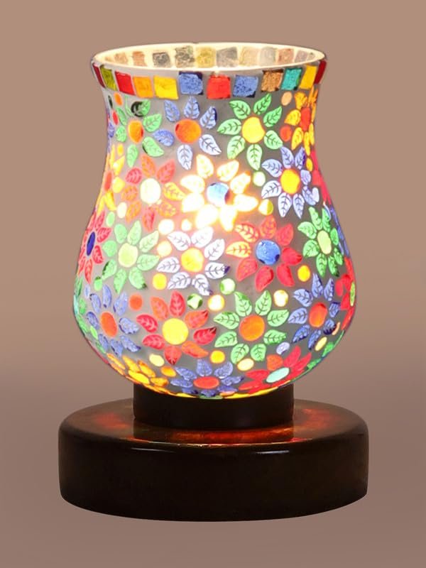 Multicolor Table Lamp | Artistic Mosaic Glass with Sturdy Wood Base | Decorative Ambient Light for Home D�cor | Perfect Blend of Modern & Traditional Style - Model DNM180