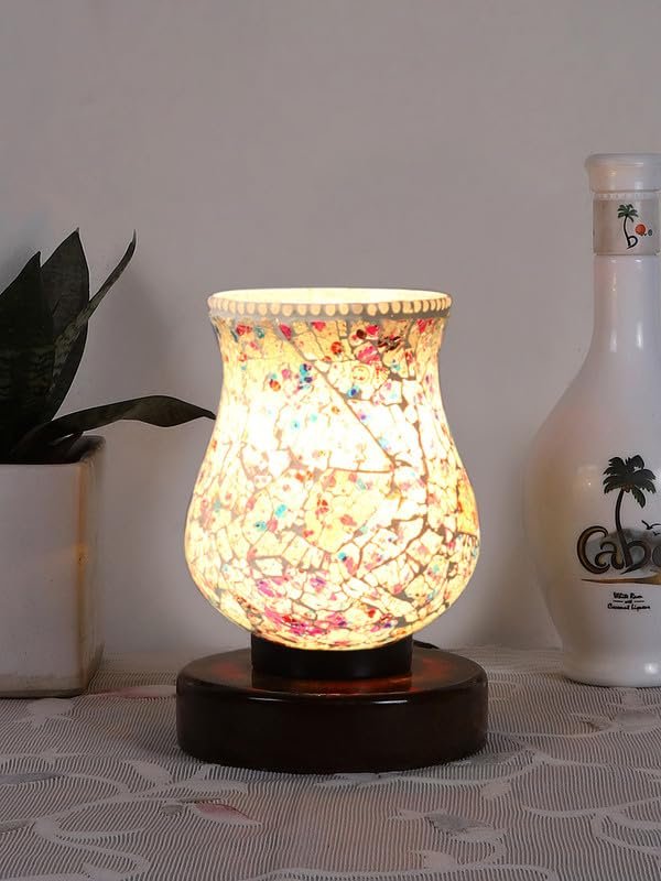 Multicolor Table Lamp | Artistic Mosaic Glass with Sturdy Wood Base | Decorative Ambient Light for Home D�cor | Perfect Blend of Modern & Traditional Style - Model DNM181