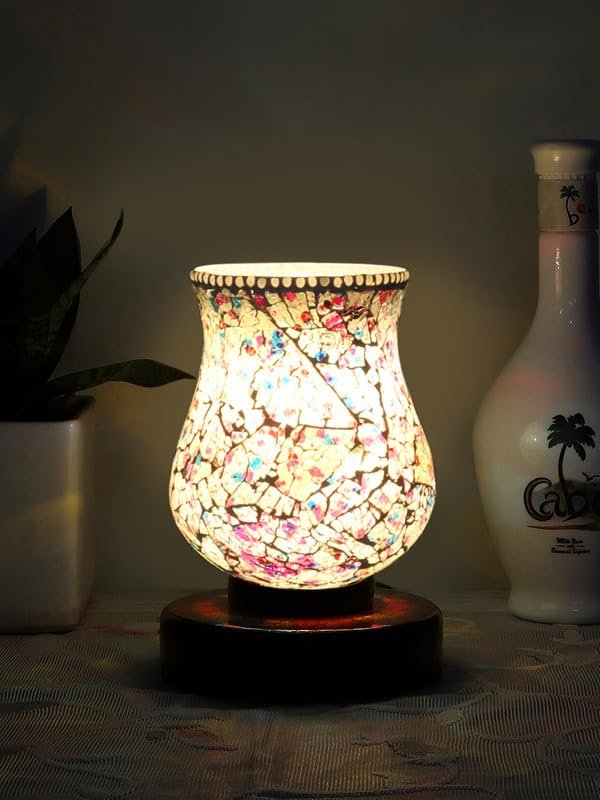 Multicolor Table Lamp | Artistic Mosaic Glass with Sturdy Wood Base | Decorative Ambient Light for Home D�cor | Perfect Blend of Modern & Traditional Style - Model DNM181