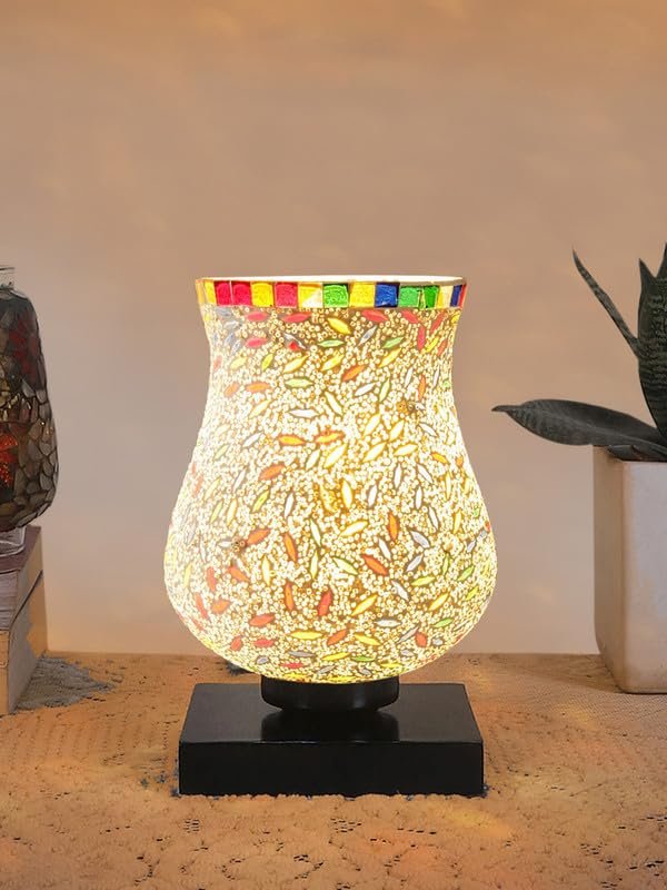 Multicolor Table Lamp | Artistic Mosaic Glass with Sturdy Wood Base | Decorative Ambient Light for Home D�cor | Perfect Blend of Modern & Traditional Style - Model DNM18