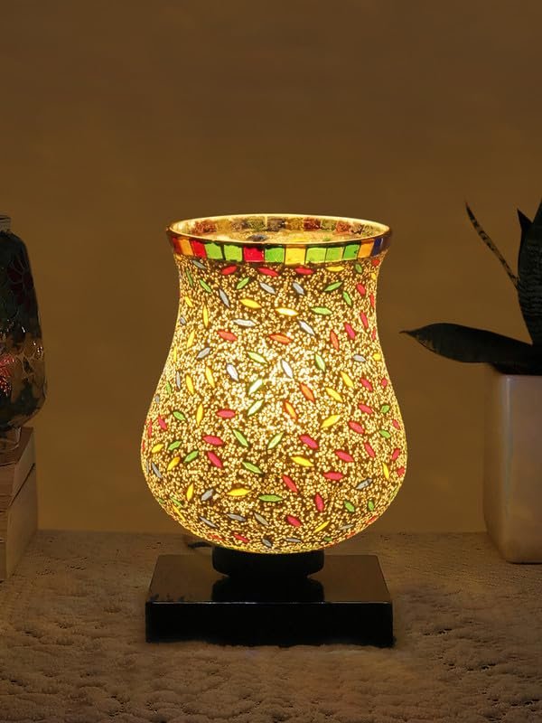 Multicolor Table Lamp | Artistic Mosaic Glass with Sturdy Wood Base | Decorative Ambient Light for Home D�cor | Perfect Blend of Modern & Traditional Style - Model DNM18